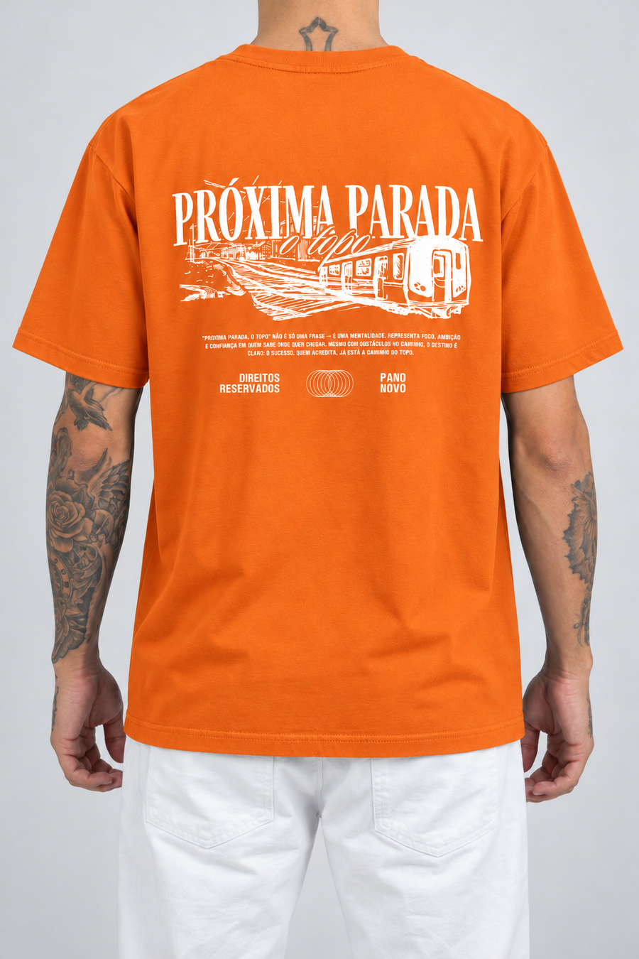 Cor: Laranja | Costas | Camiseta Próxima Parada o Topo (Verso)