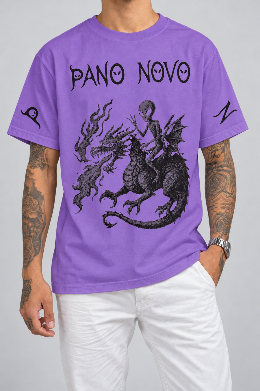 Cor: Roxo | Frente | Camiseta Alien and Dragon Pano Novo Branco (Frente)