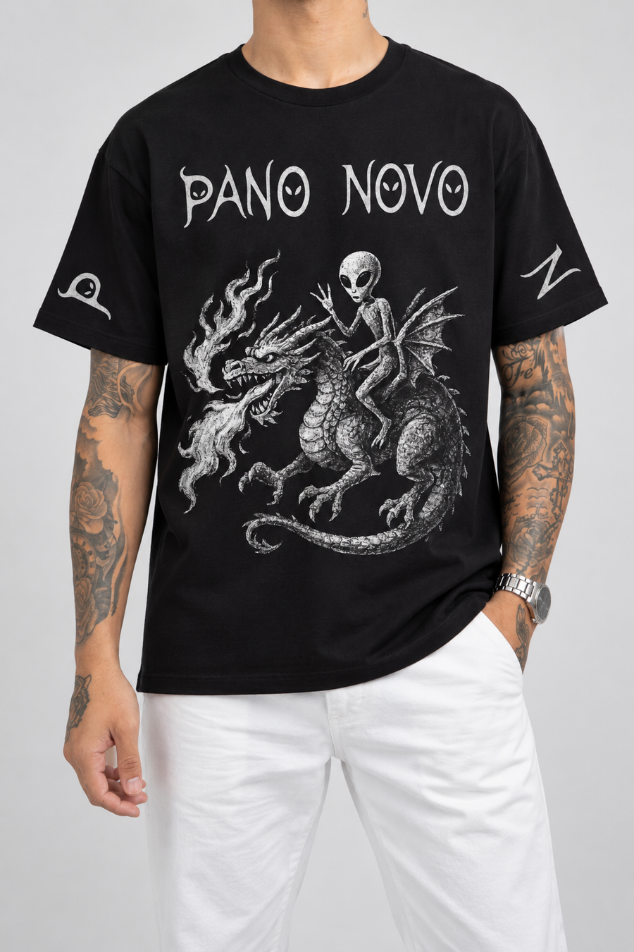 Cor: Preto | Frente | Camiseta Alien and Dragon Pano Novo Branco (Frente)