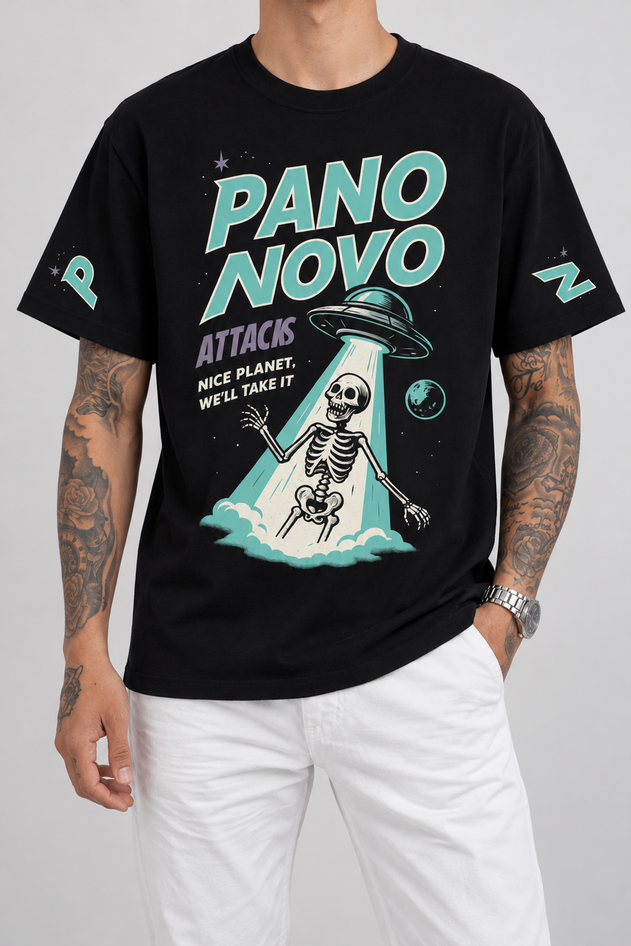 Cor: Preto | Frente | Camiseta Skeleton Abduction Pano Novo Branco (Frente)