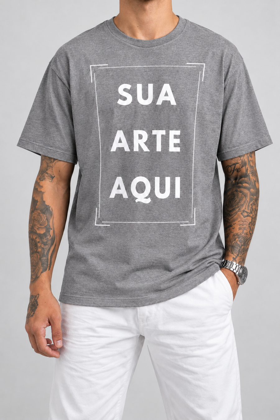 Cor: Cinza | Frente | Camiseta Unissex Sua Estampa Aqui (FRENTE)