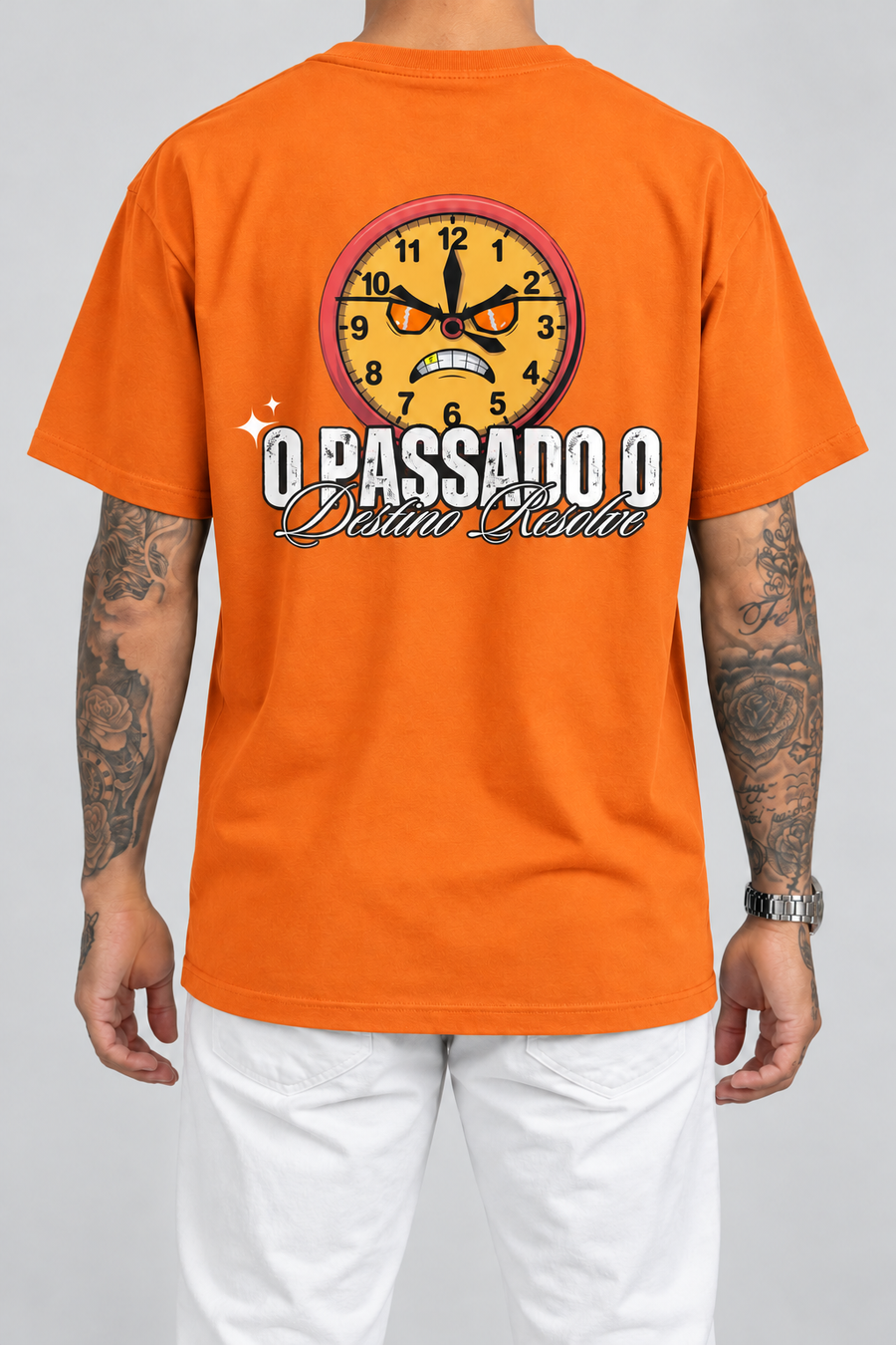 Cor: Laranja | Costas | Camiseta O Passado o Destino Resolve (Verso)