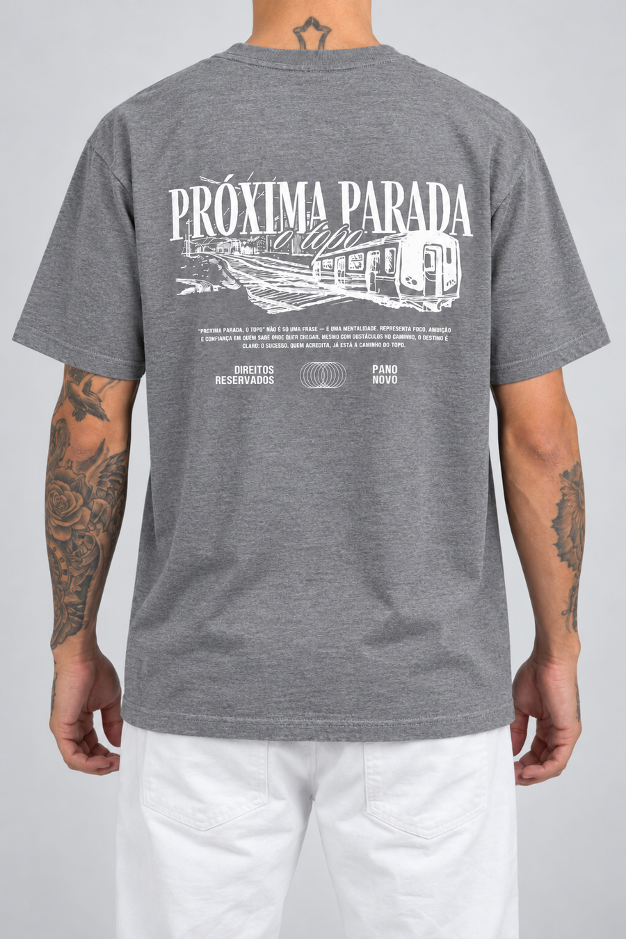 Cor: Cinza | Costas | Camiseta Próxima Parada o Topo (Verso)