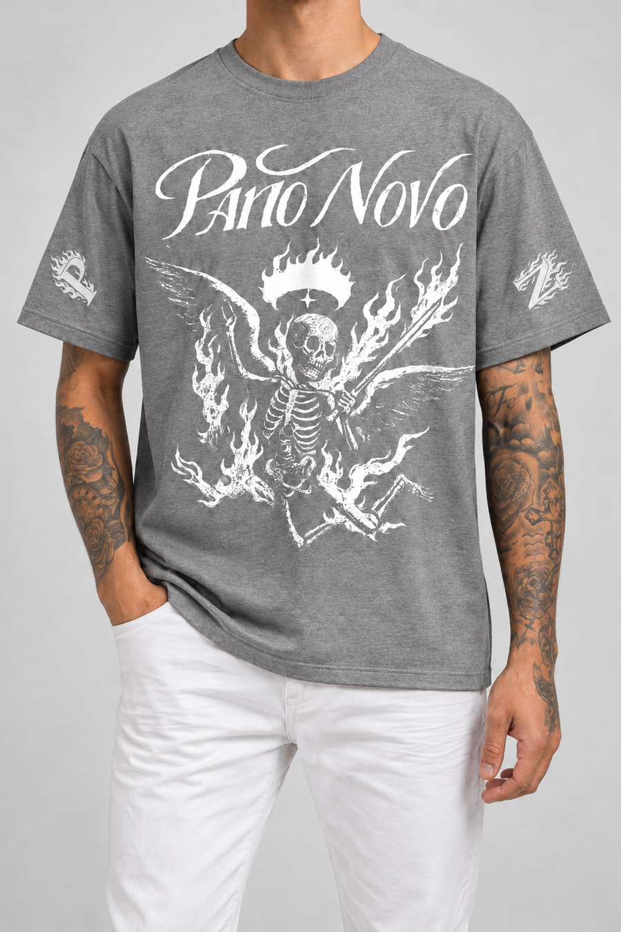 Cor: Cinza | Frente | Camiseta Fire Skeleton Pano Novo Preto (Frente)
