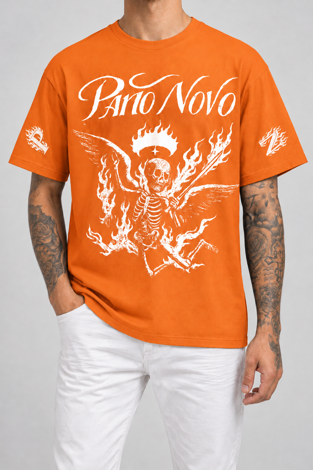 Cor: Laranja | Frente | Camiseta Fire Skeleton Pano Novo Preto (Frente)