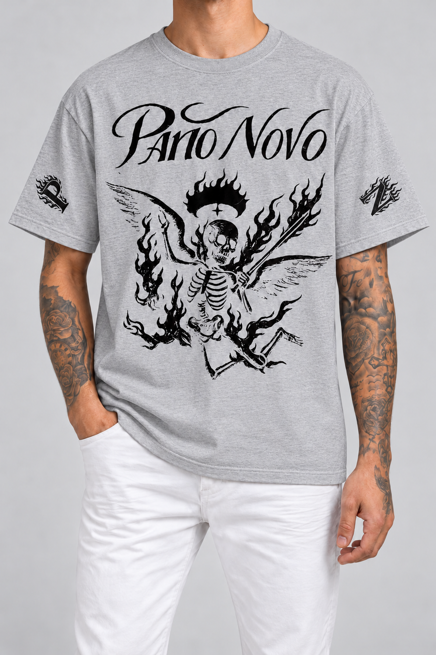 Cor: Cinza | Frente | Camiseta Fire Skeleton Pano Novo Branco (Frente)
