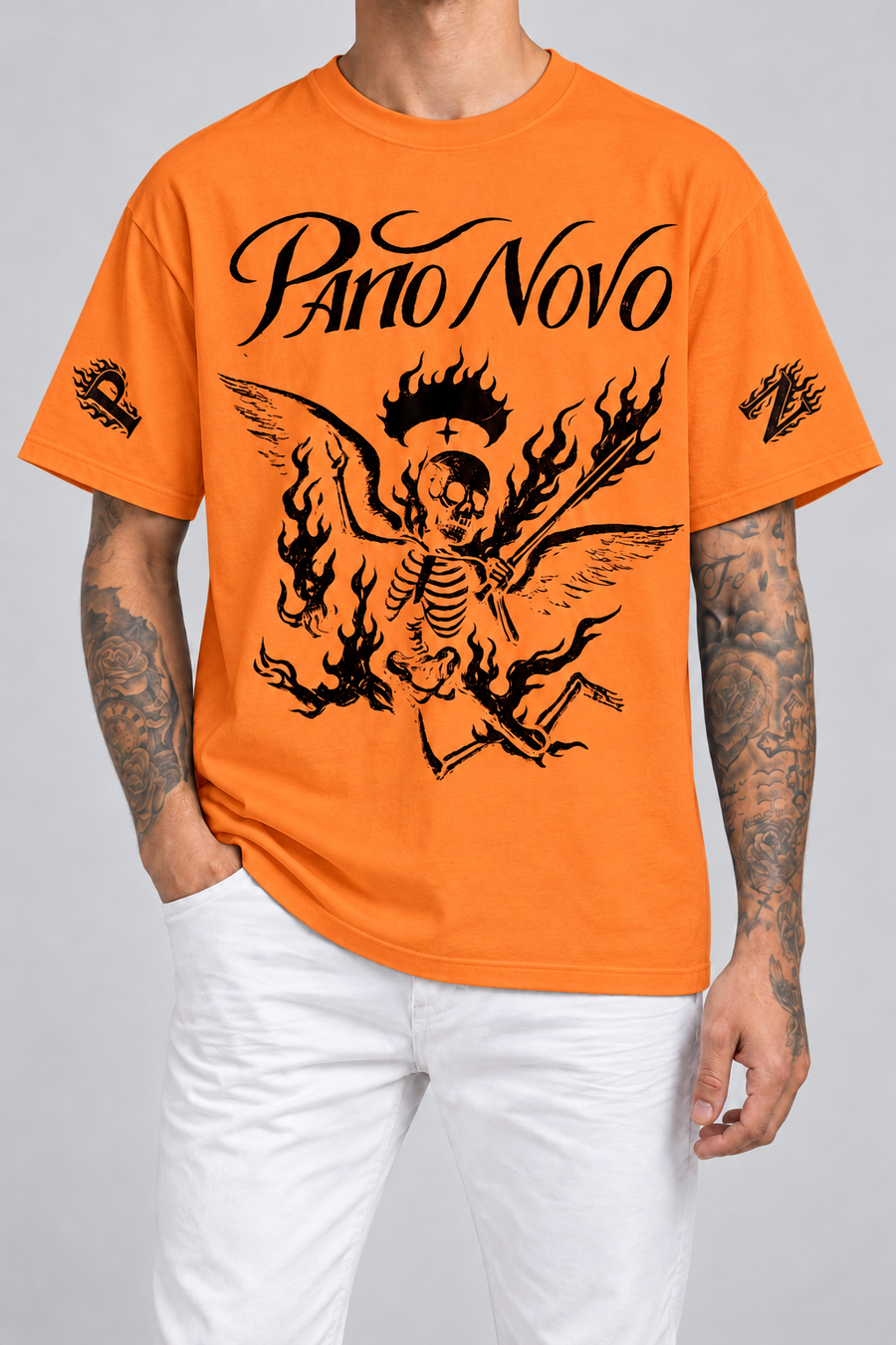 Cor: Laranja | Frente | Camiseta Fire Skeleton Pano Novo Branco (Frente)