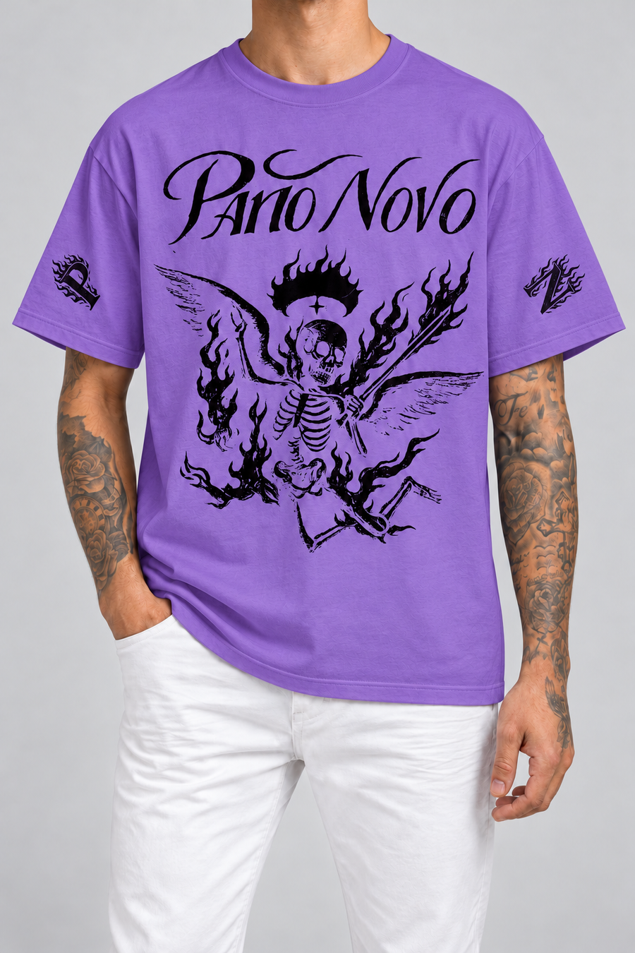 Cor: Roxo | Frente | Camiseta Fire Skeleton Pano Novo Branco (Frente)