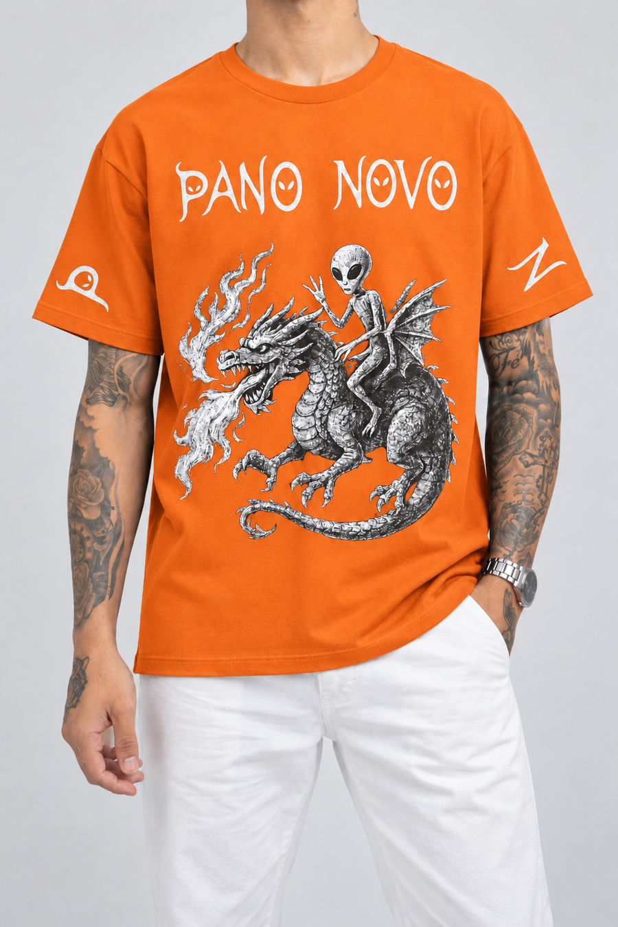 Cor: Laranja | Frente | Camiseta Alien and Dragon Pano Novo Preto (Frente)