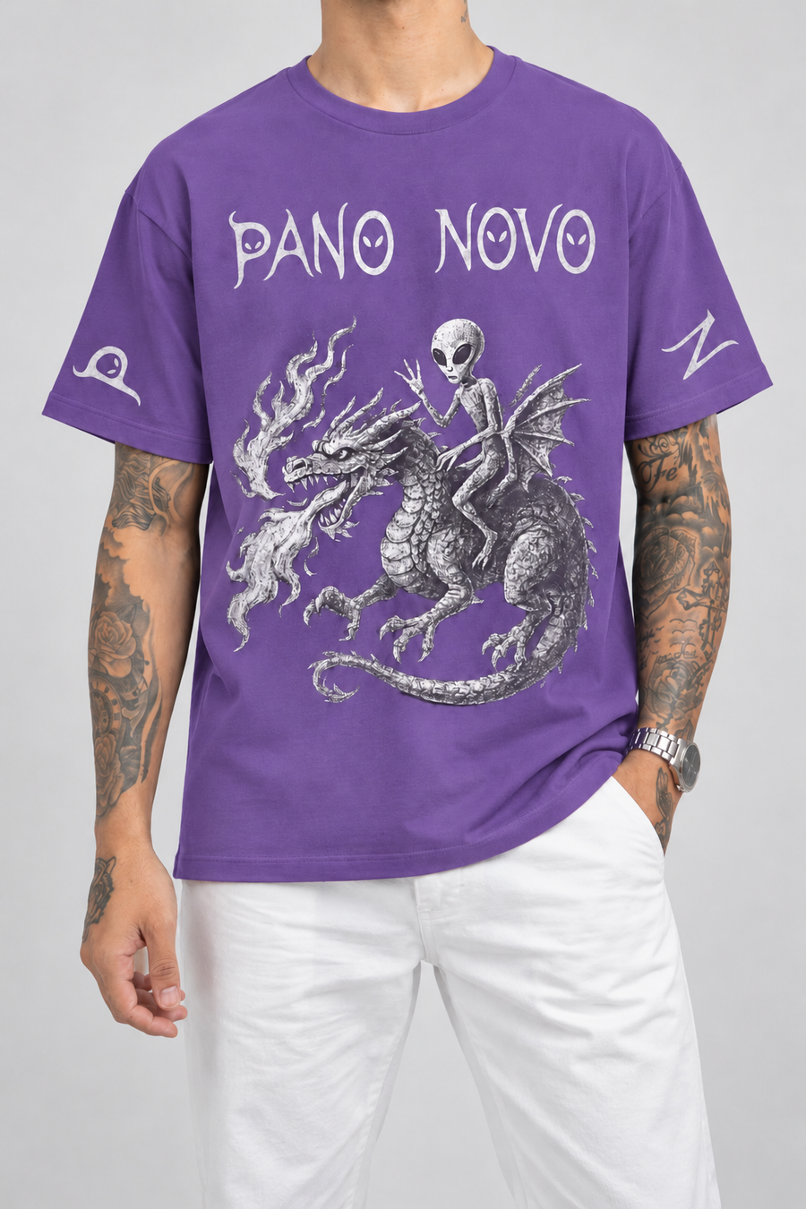 Cor: Roxo | Frente | Camiseta Alien and Dragon Pano Novo Preto (Frente)
