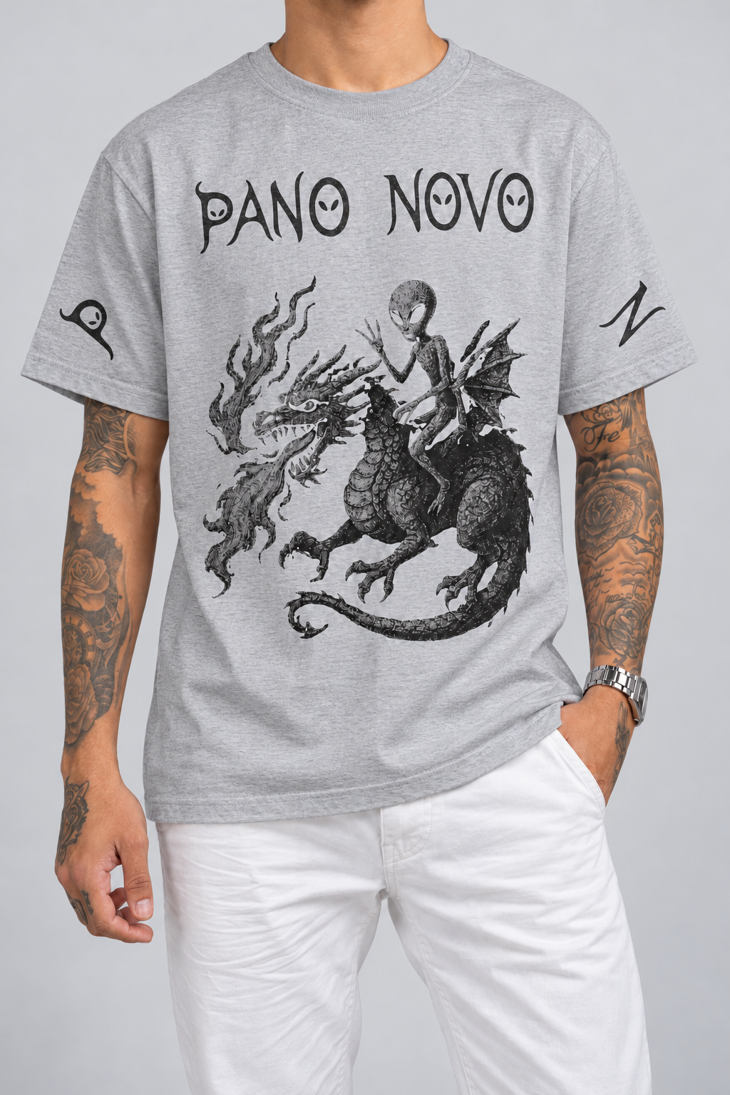 Cor: Cinza | Frente | Camiseta Alien and Dragon Pano Novo Branco (Frente)