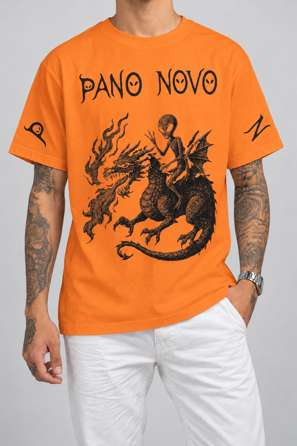 Cor: Laranja | Frente | Camiseta Alien and Dragon Pano Novo Branco (Frente)