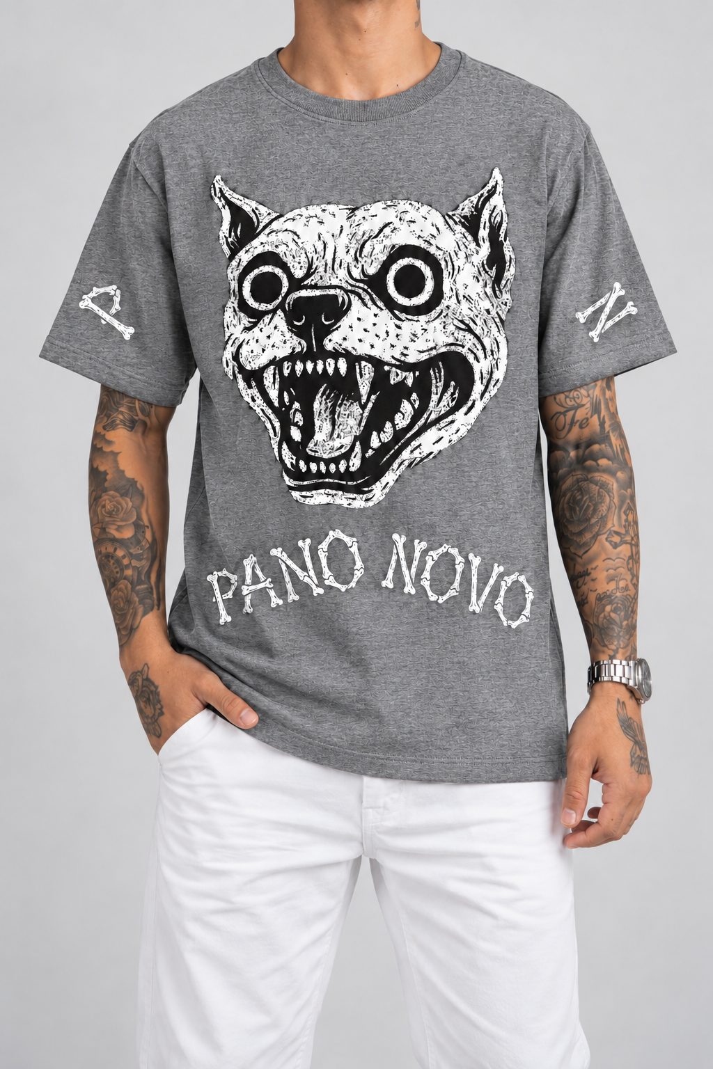 Cor: Cinza | Frente | Camiseta Bone Pitbull Pano Novo Preto (Frente)