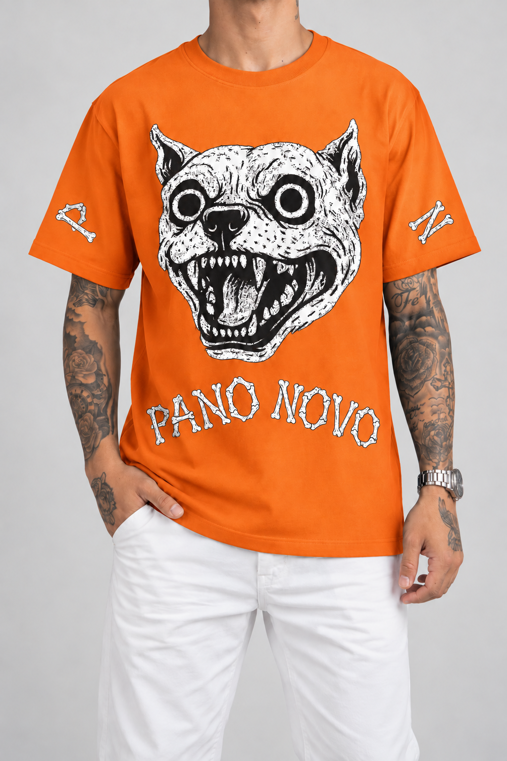 Cor: Laranja | Frente | Camiseta Bone Pitbull Pano Novo Preto (Frente)