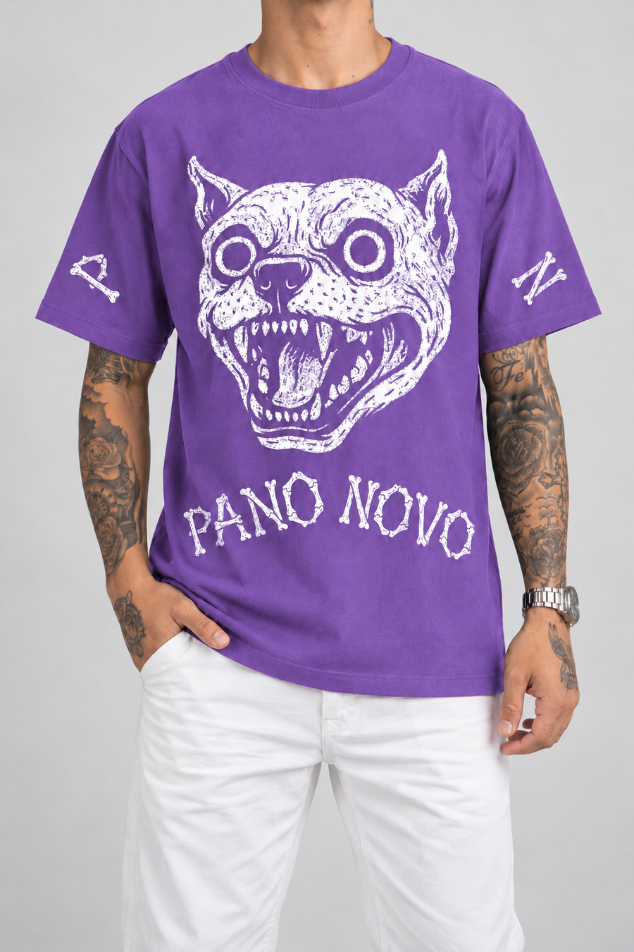 Cor: Roxo | Frente | Camiseta Bone Pitbull Pano Novo Preto (Frente)