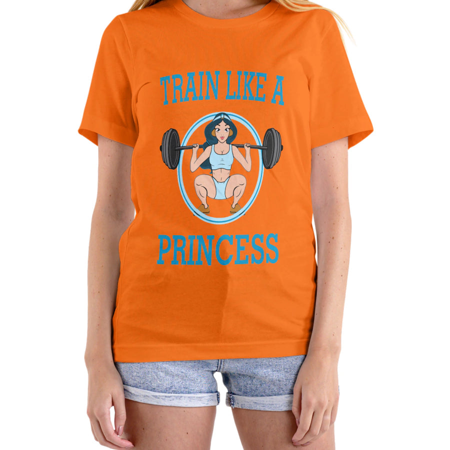 Cor: Laranja | Frente | Camiseta Train Like A Princess (Várias Cores) | Foto original sem rosto