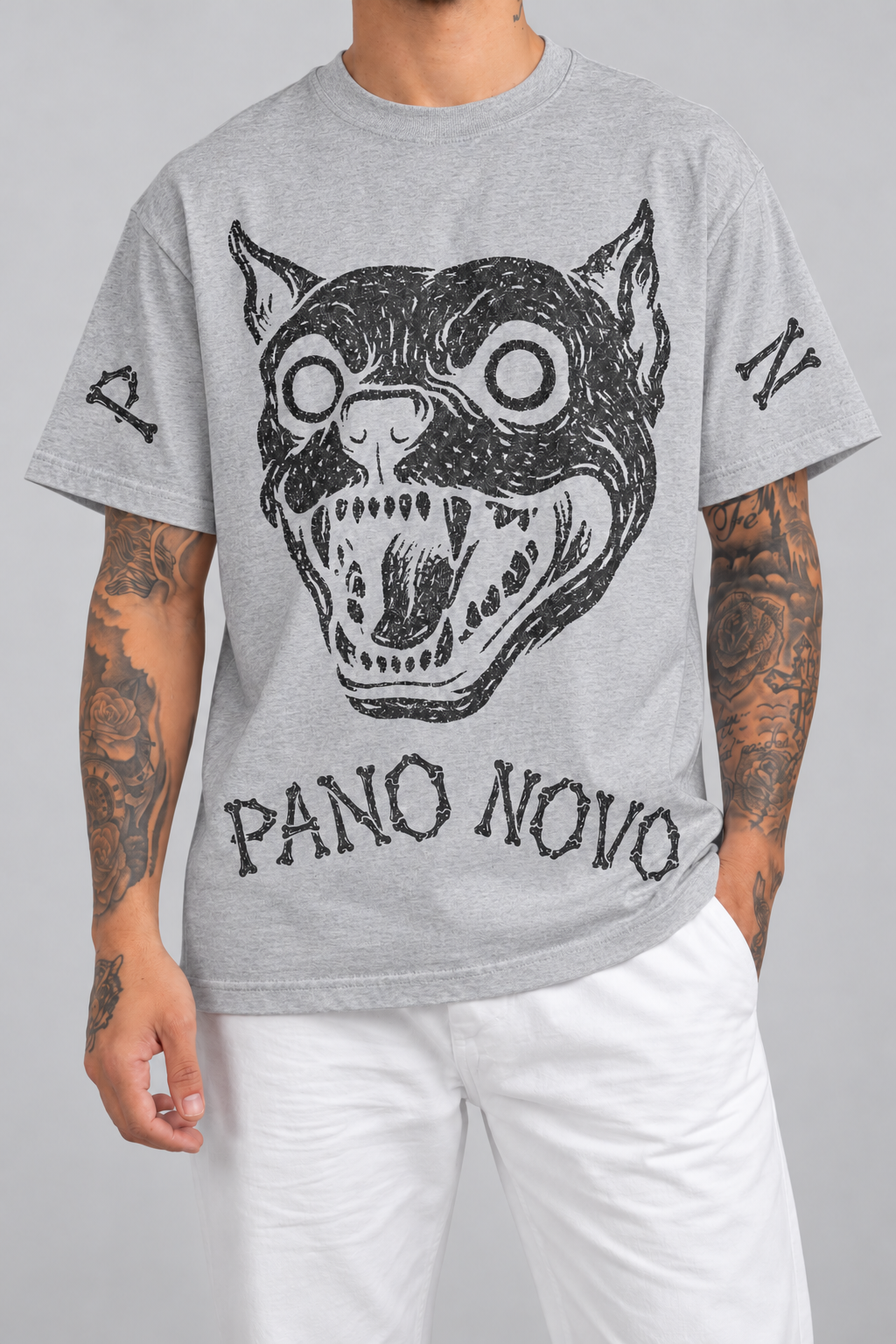 Cor: Cinza | Frente | Camiseta Bone Pitbull Pano Novo Branco (Frente)