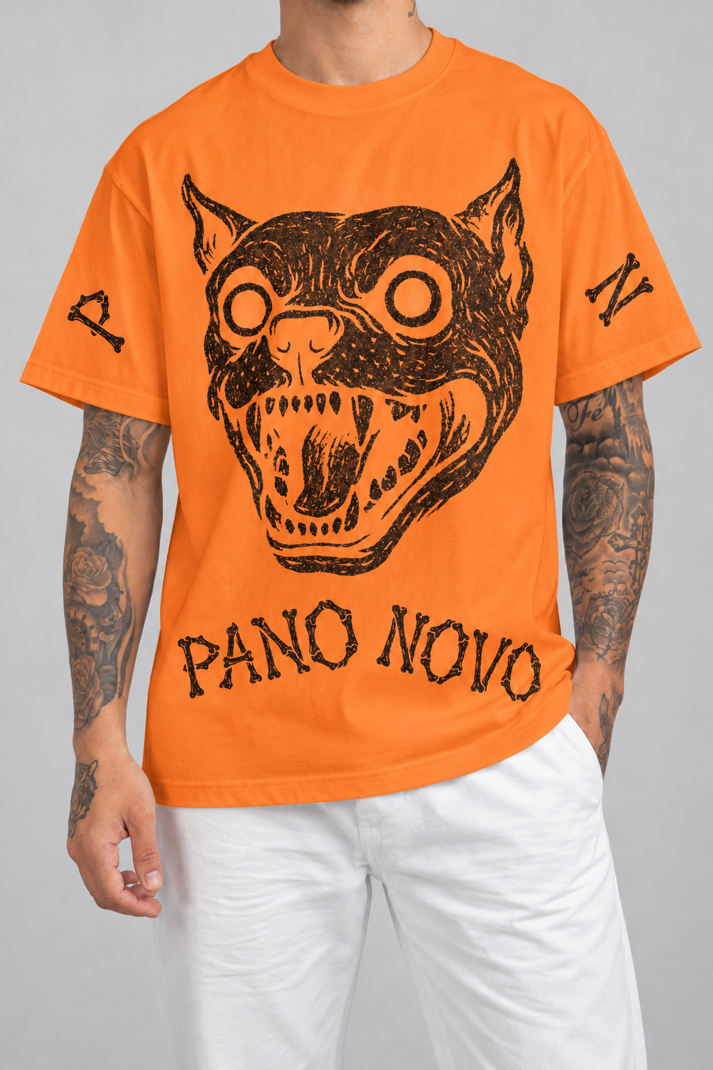 Cor: Laranja | Frente | Camiseta Bone Pitbull Pano Novo Branco (Frente)