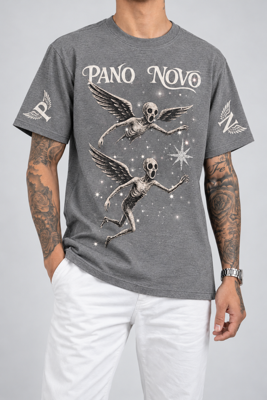 Cor: Cinza | Frente | Camiseta Angels in The Galaxy Pano Novo Preto (Frente)