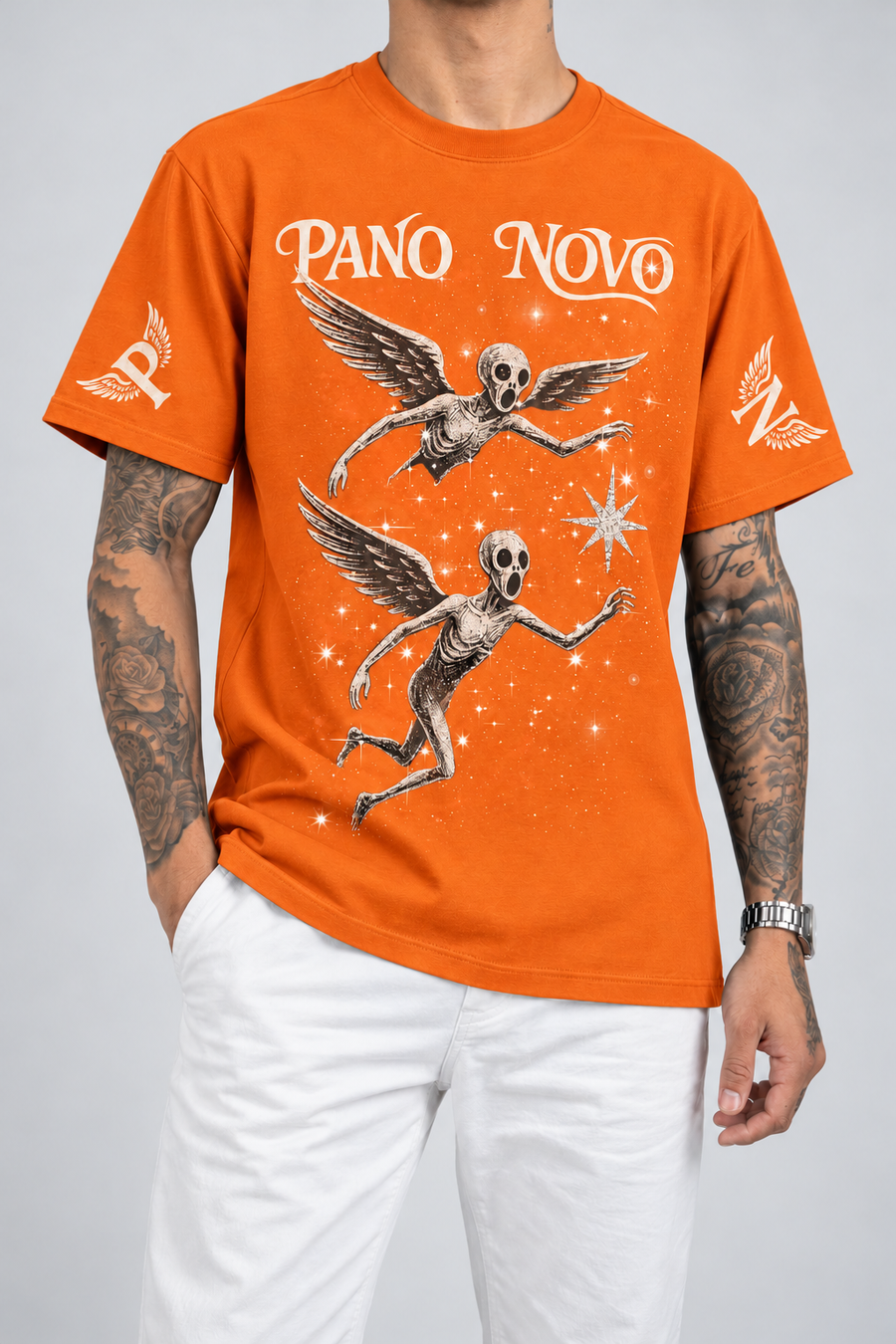 Cor: Laranja | Frente | Camiseta Angels in The Galaxy Pano Novo Preto (Frente)