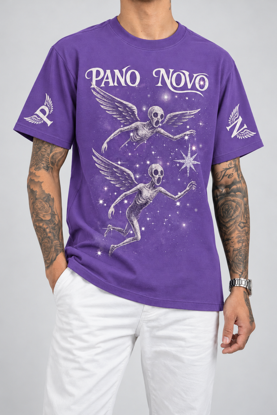 Cor: Roxo | Frente | Camiseta Angels in The Galaxy Pano Novo Preto (Frente)