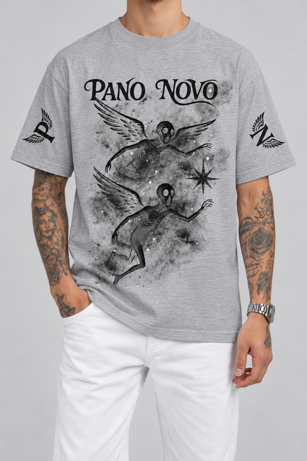 Cor: Cinza | Frente | Camiseta Angels in The Galaxy Pano Novo Branco (Frente)