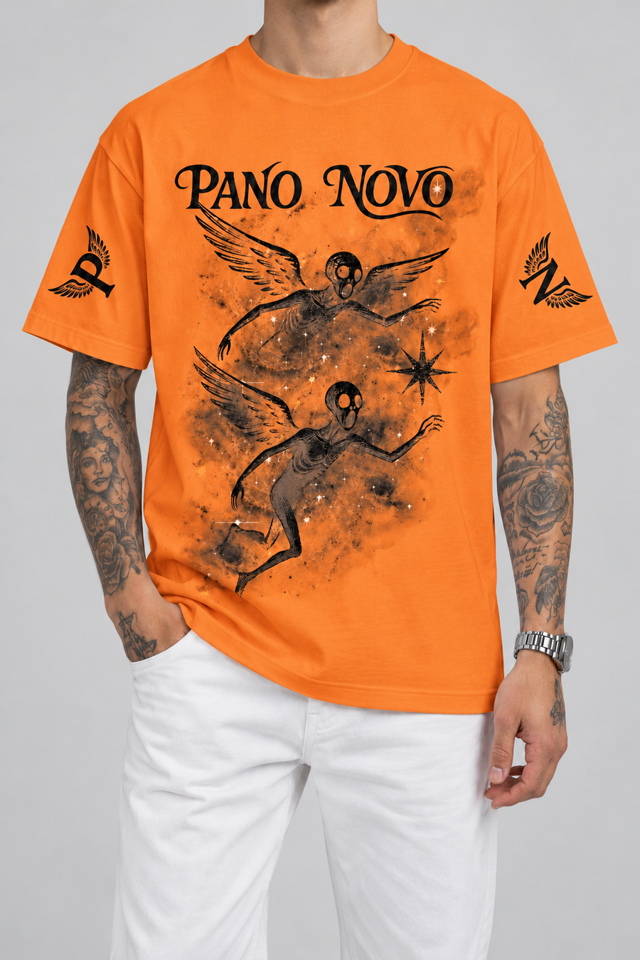 Cor: Laranja | Frente | Camiseta Angels in The Galaxy Pano Novo Branco (Frente)