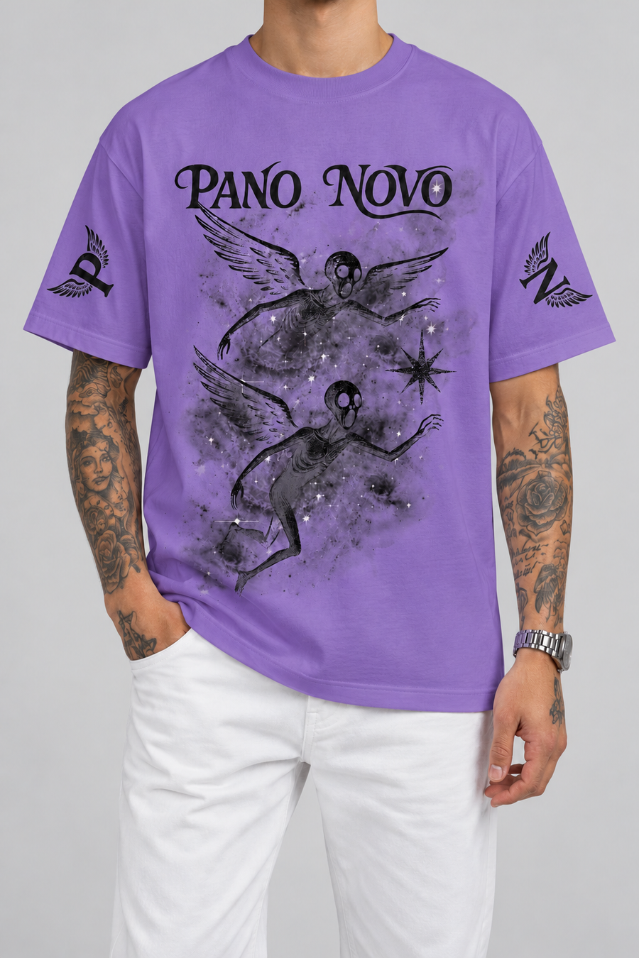 Cor: Roxo | Frente | Camiseta Angels in The Galaxy Pano Novo Branco (Frente)