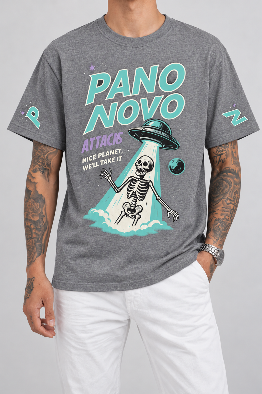 Cor: Cinza | Frente | Camiseta Skeleton Abduction Pano Novo Preto (Frente)