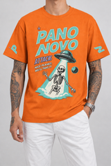 Cor: Laranja | Frente | Camiseta Skeleton Abduction Pano Novo Preto (Frente)