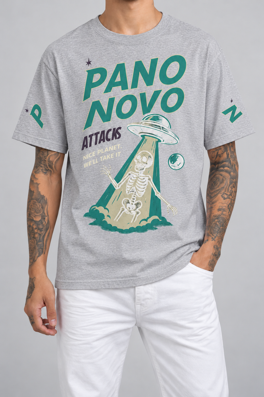 Cor: Cinza | Frente | Camiseta Skeleton Abduction Pano Novo Branco (Frente)