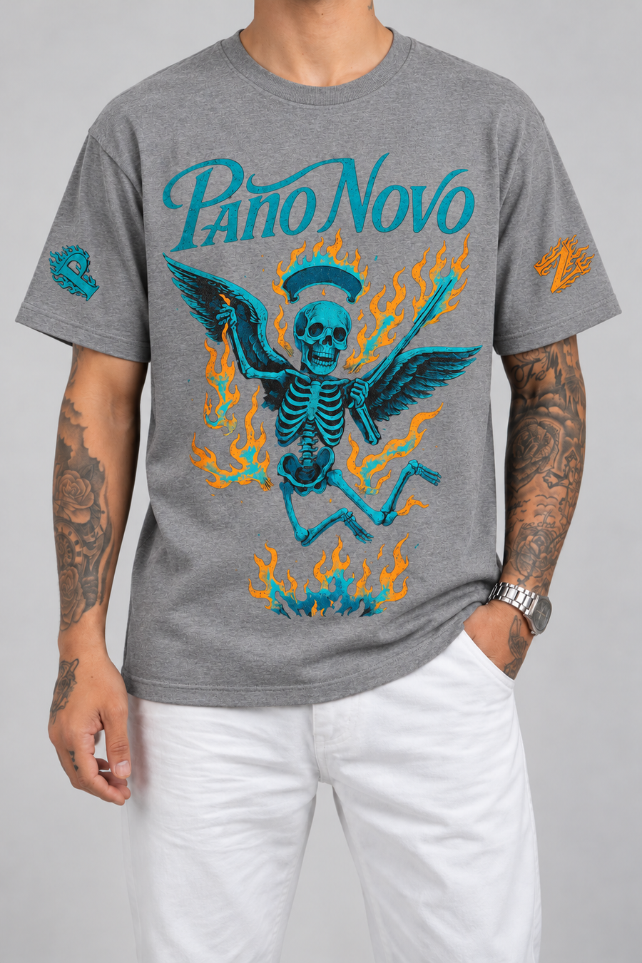 Cor: Cinza | Frente | Camiseta Colorful Skeleton Pano Novo Preto (Frente)