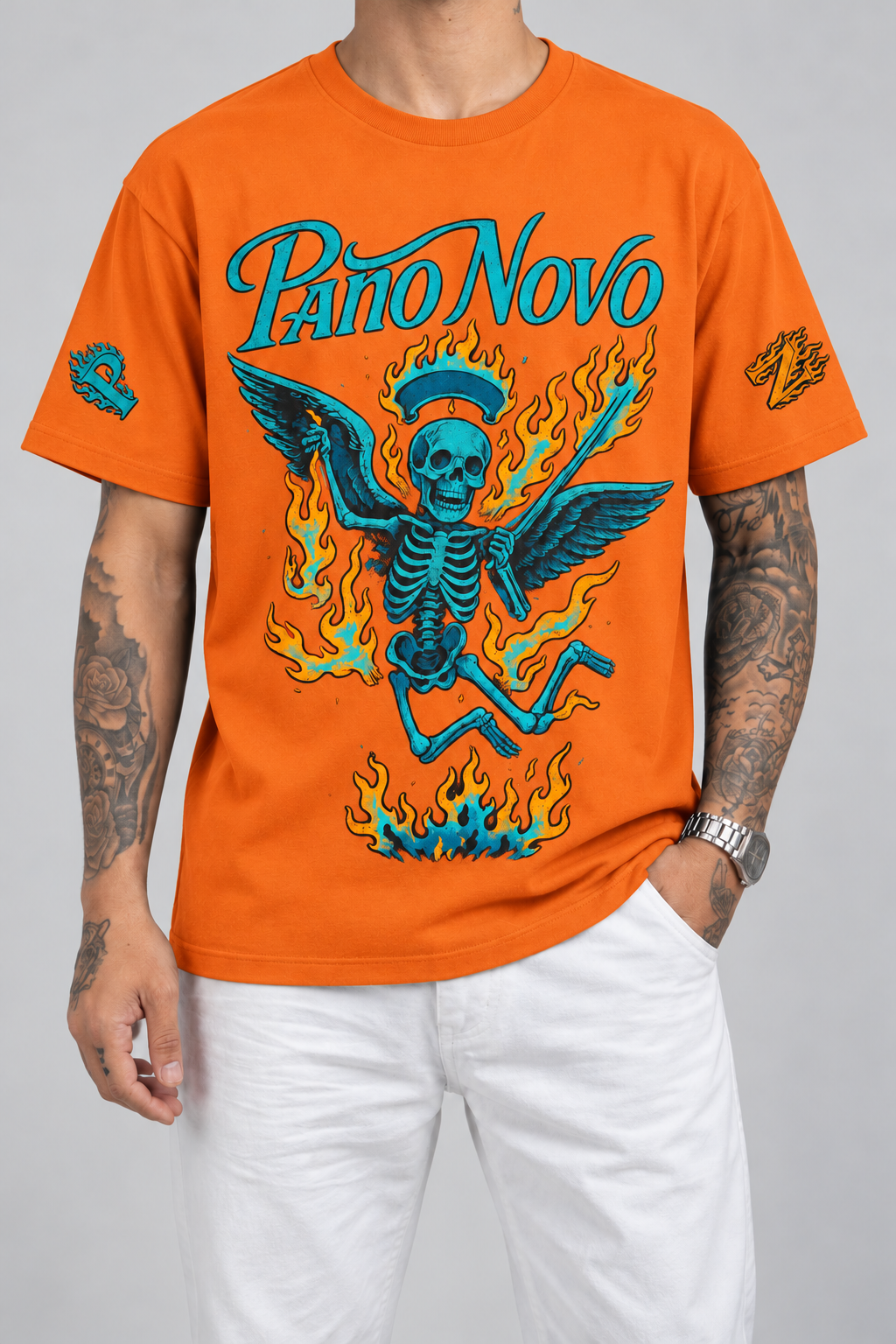 Cor: Laranja | Frente | Camiseta Colorful Skeleton Pano Novo Preto (Frente)