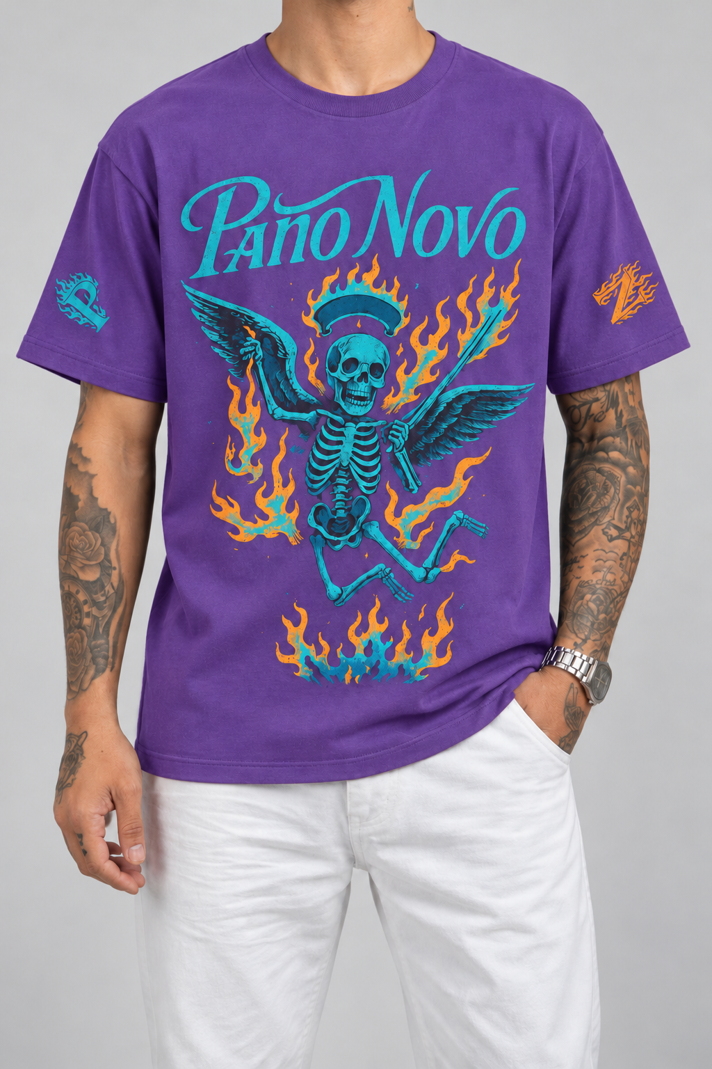 Cor: Roxo | Frente | Camiseta Colorful Skeleton Pano Novo Preto (Frente)