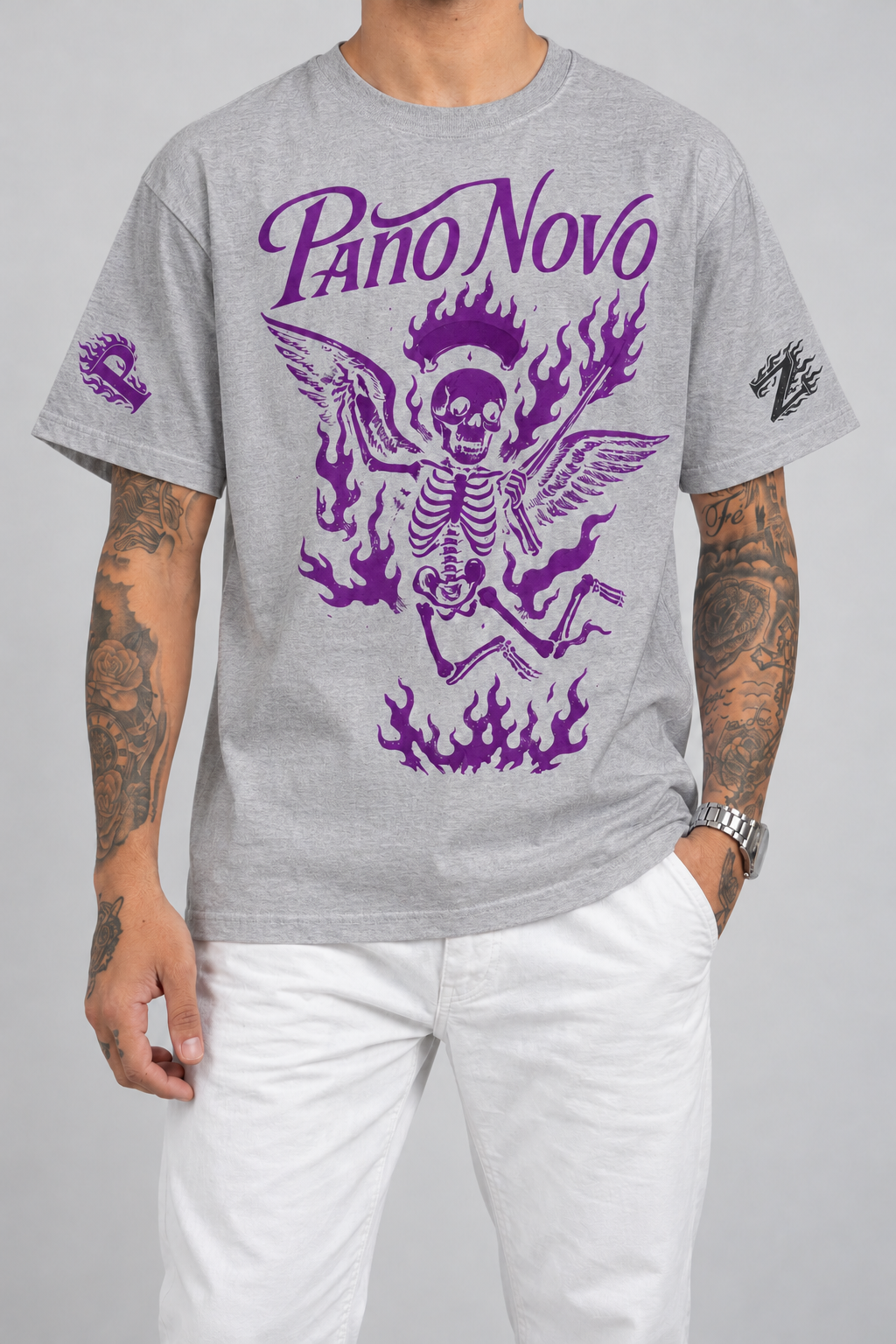 Cor: Cinza | Frente | Camiseta Colorful Skeleton Pano Novo Branco (Frente)
