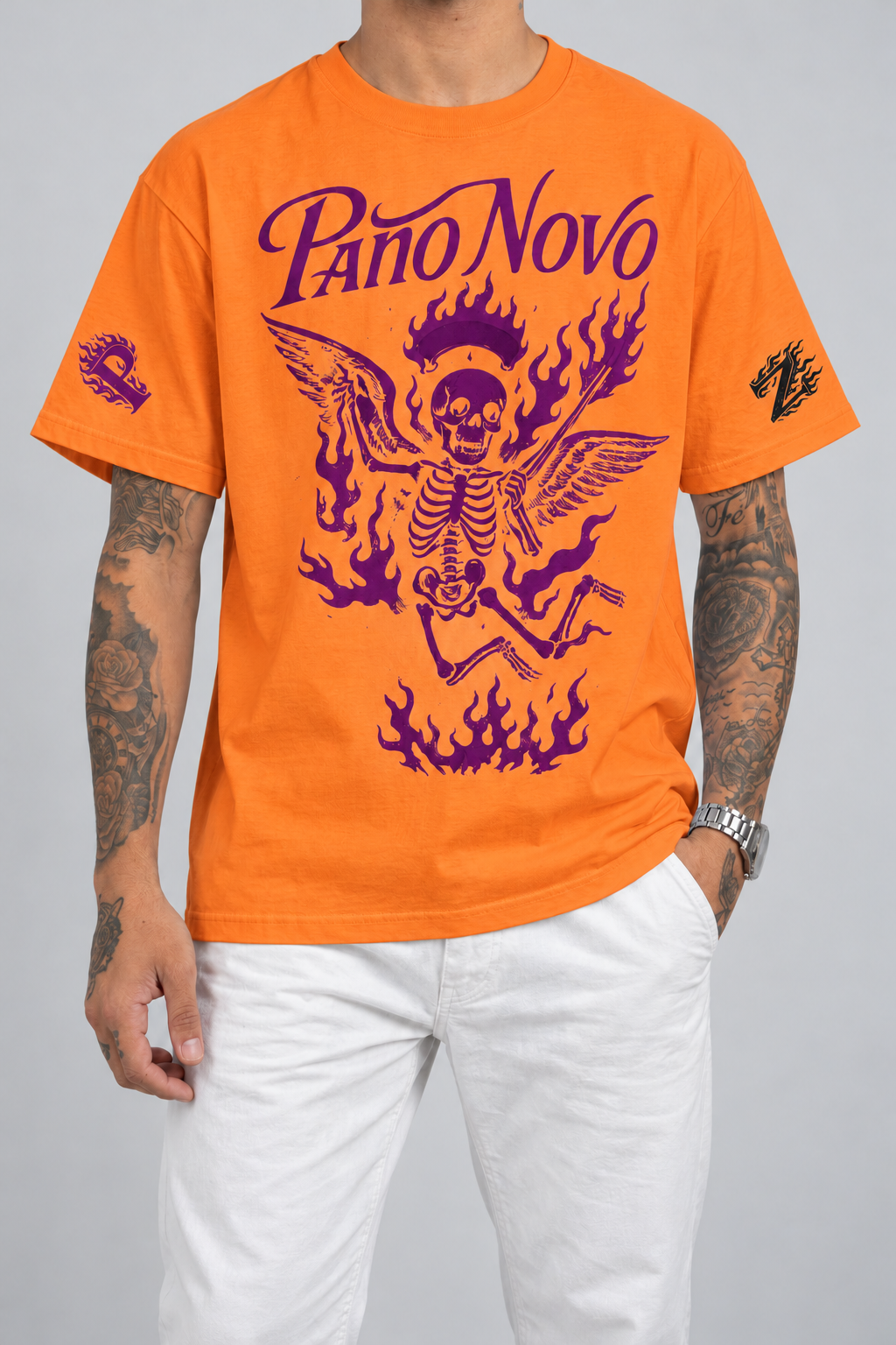 Cor: Laranja | Frente | Camiseta Colorful Skeleton Pano Novo Branco (Frente)