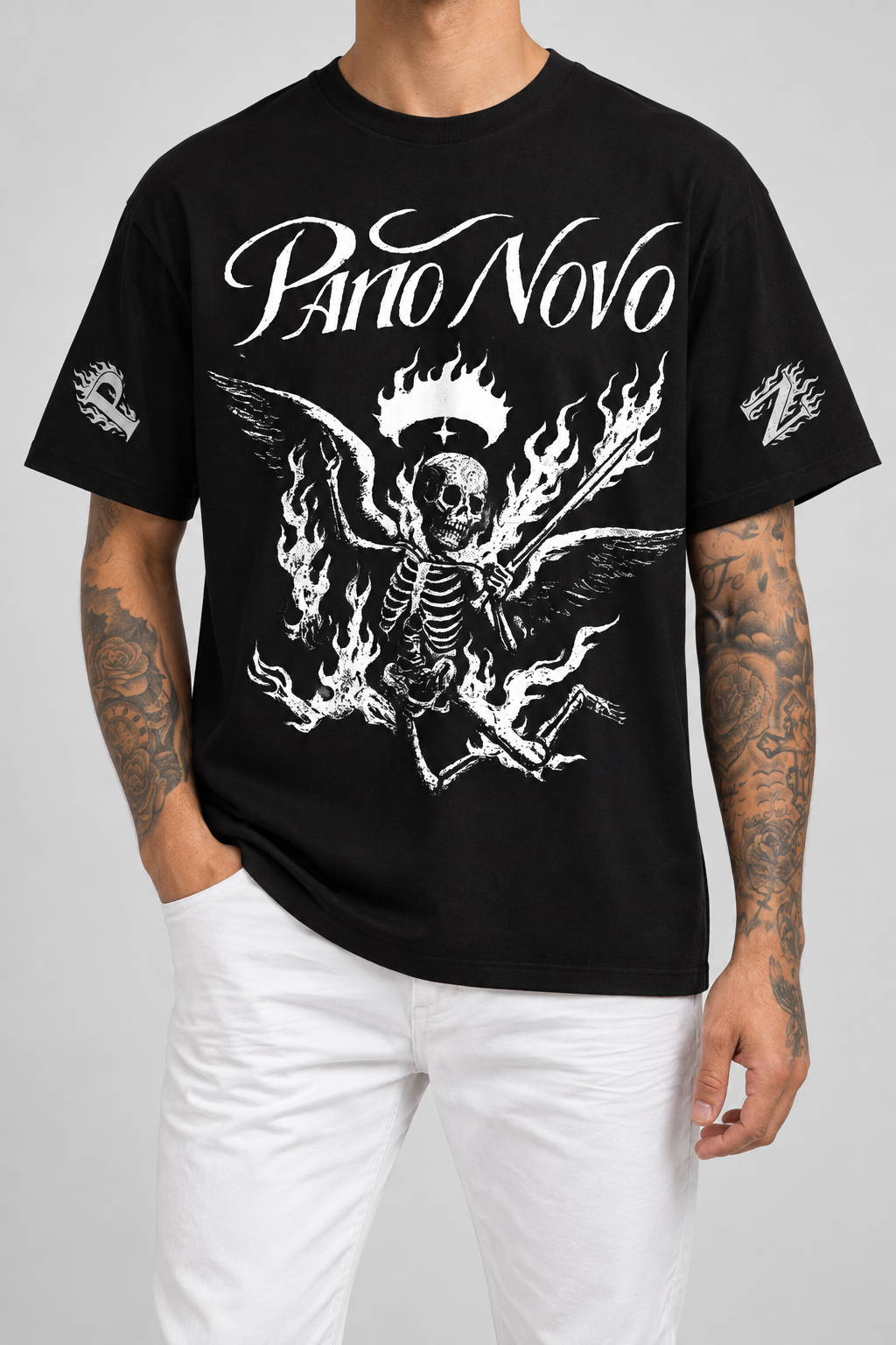 Cor: Preto | Frente | Camiseta Fire Skeleton Pano Novo Branco (Frente)