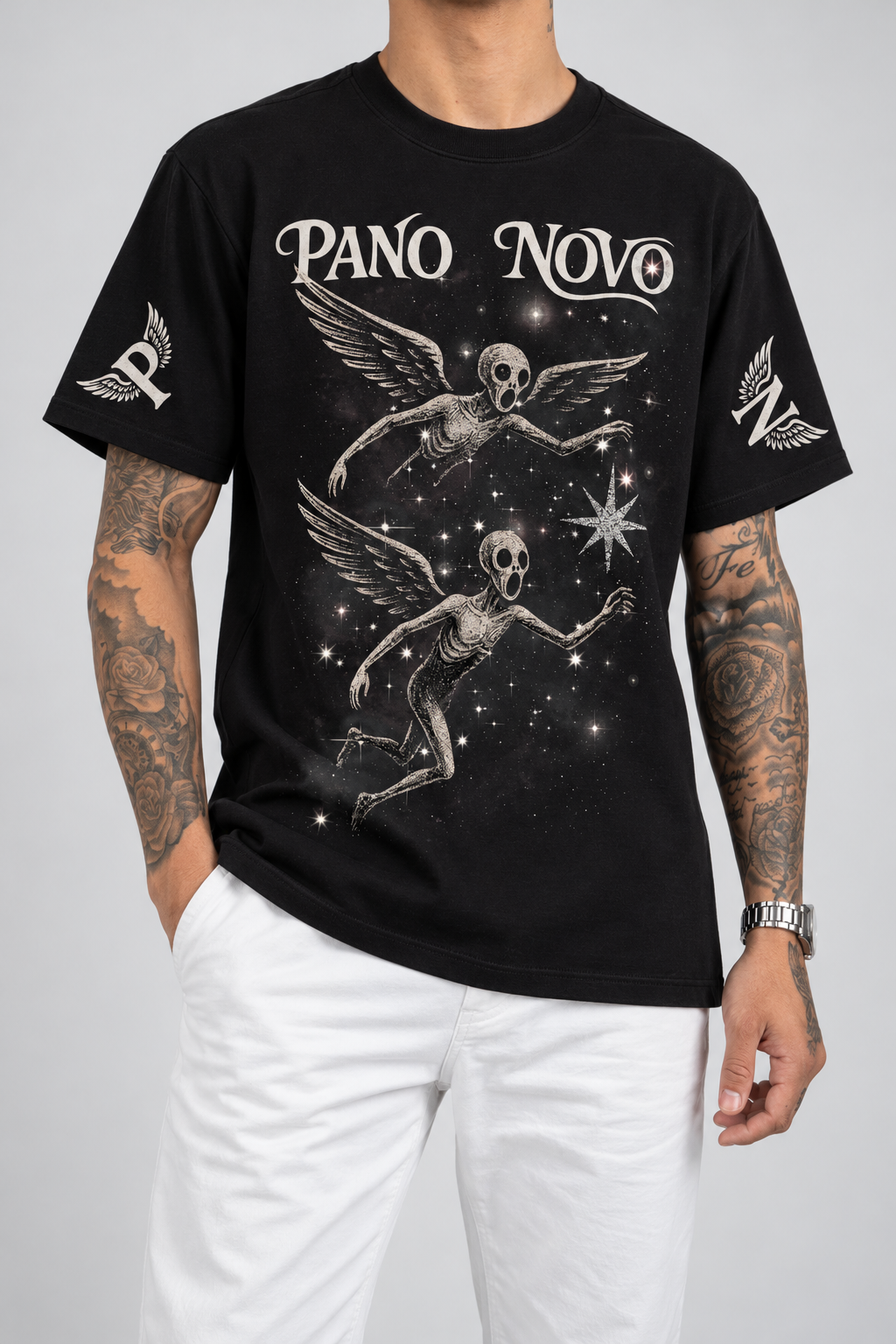 Cor: Preto | Frente | Camiseta Angels in The Galaxy Pano Novo Branco (Frente)