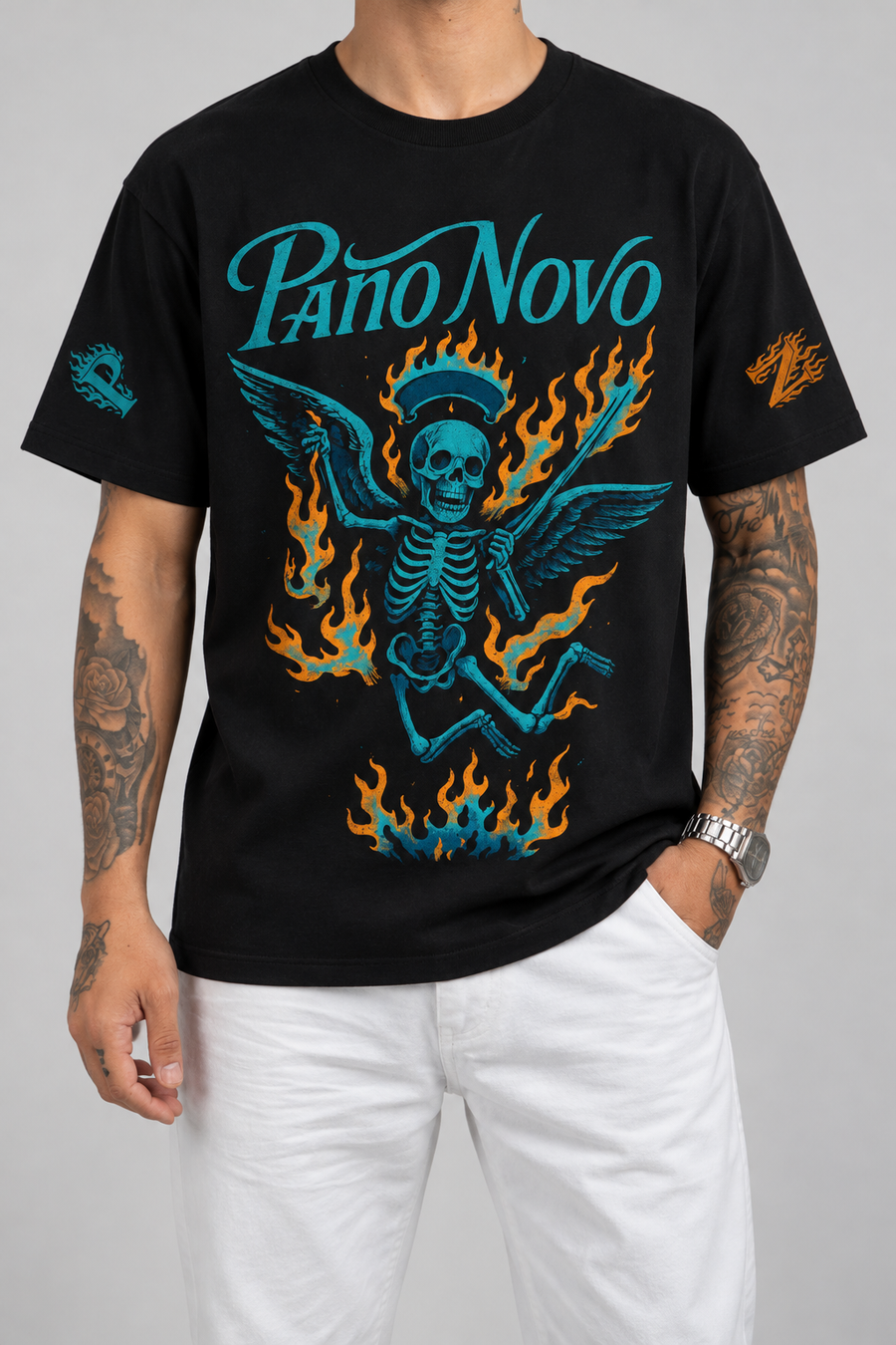 Cor: Preto | Frente | Camiseta Colorful Skeleton Pano Novo Branco (Frente)