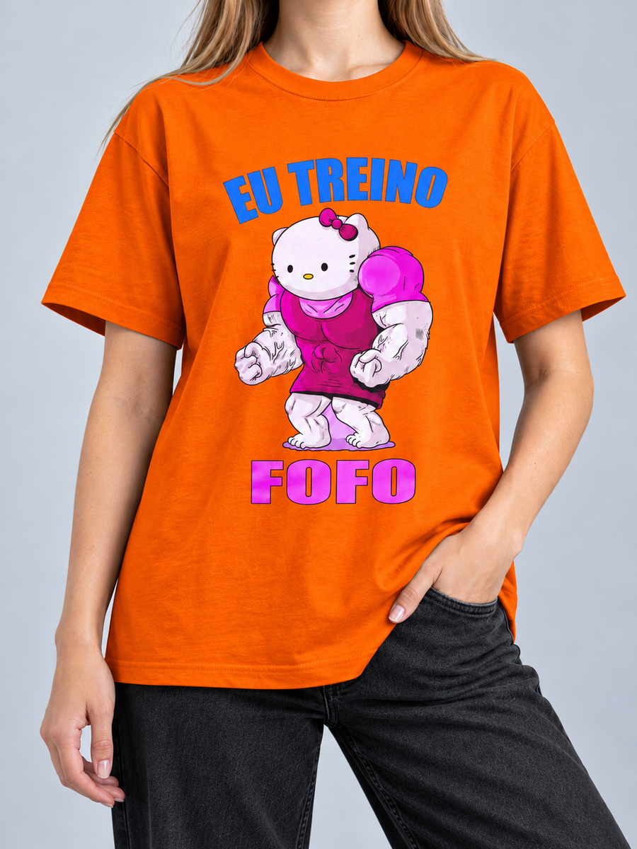 Cor: Laranja | Frente | Camiseta Treino Fofo Hello Kitty Maromba (Várias Cores) | Unissex, caimento solto, sem rosto