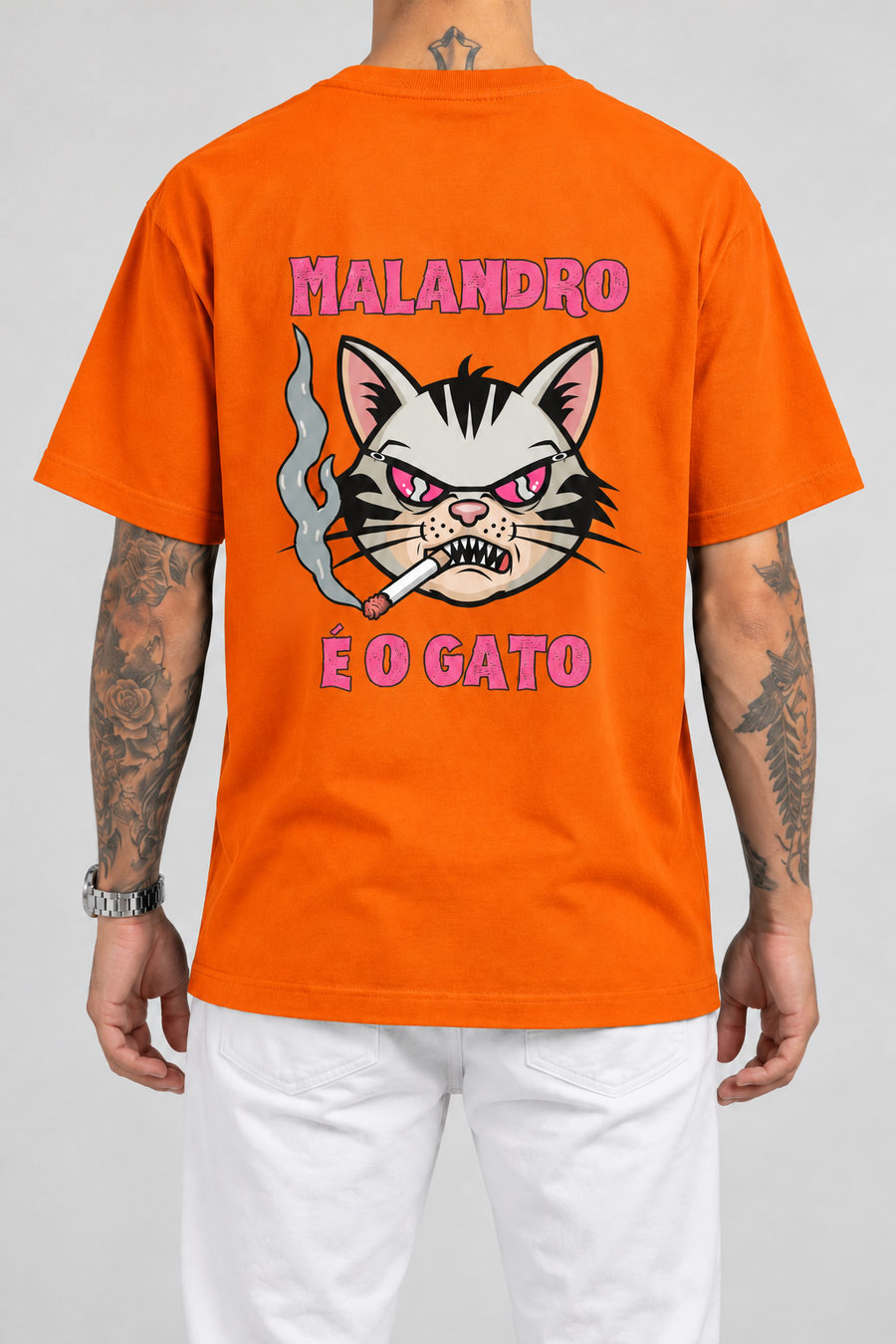 Cor: Laranja | Costas | Camiseta Malandro É O Gato (Verso)