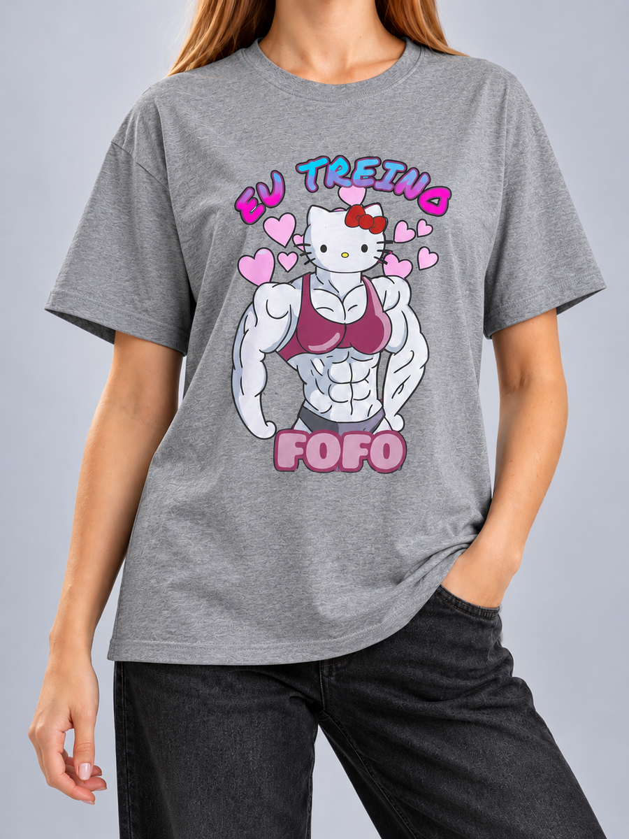 Cor: Cinza | Frente | Camiseta Hello Kitty Maromba (Várias Cores) | Unissex, caimento solto, sem rosto