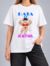 Cor: Branco | Frente | Camiseta Rata de Academia (Várias Cores) | Unissex, caimento solto, sem rosto