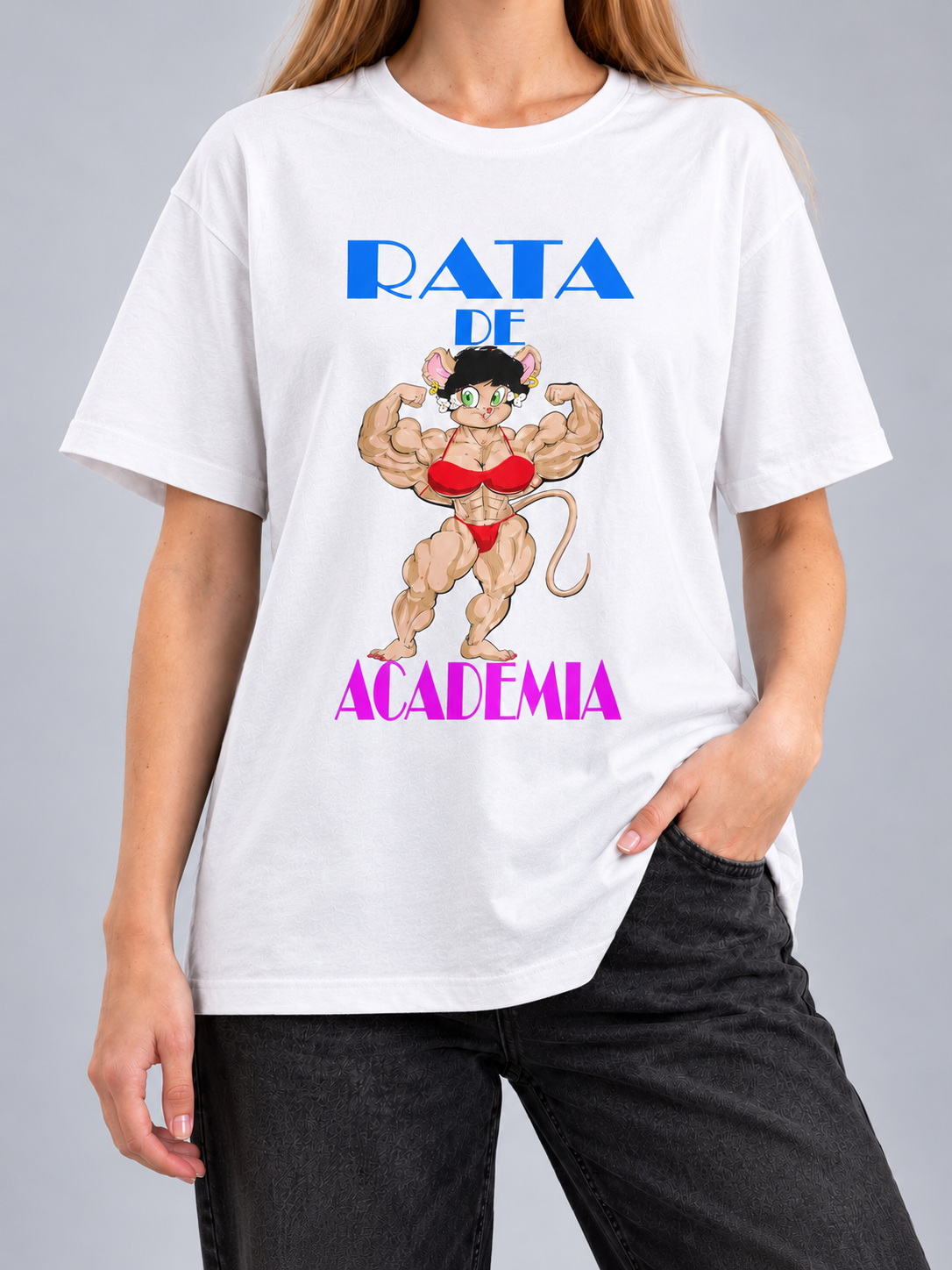 Cor: Branco | Frente | Camiseta Rata de Academia (Várias Cores) | Unissex, caimento solto, sem rosto