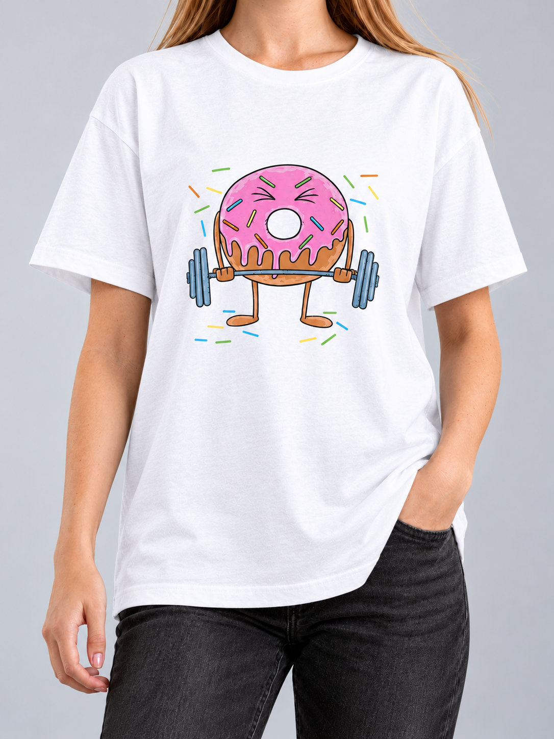 Cor: Branco | Frente | Camiseta Donuts Fitness (Várias Cores) | Unissex, caimento solto, sem rosto