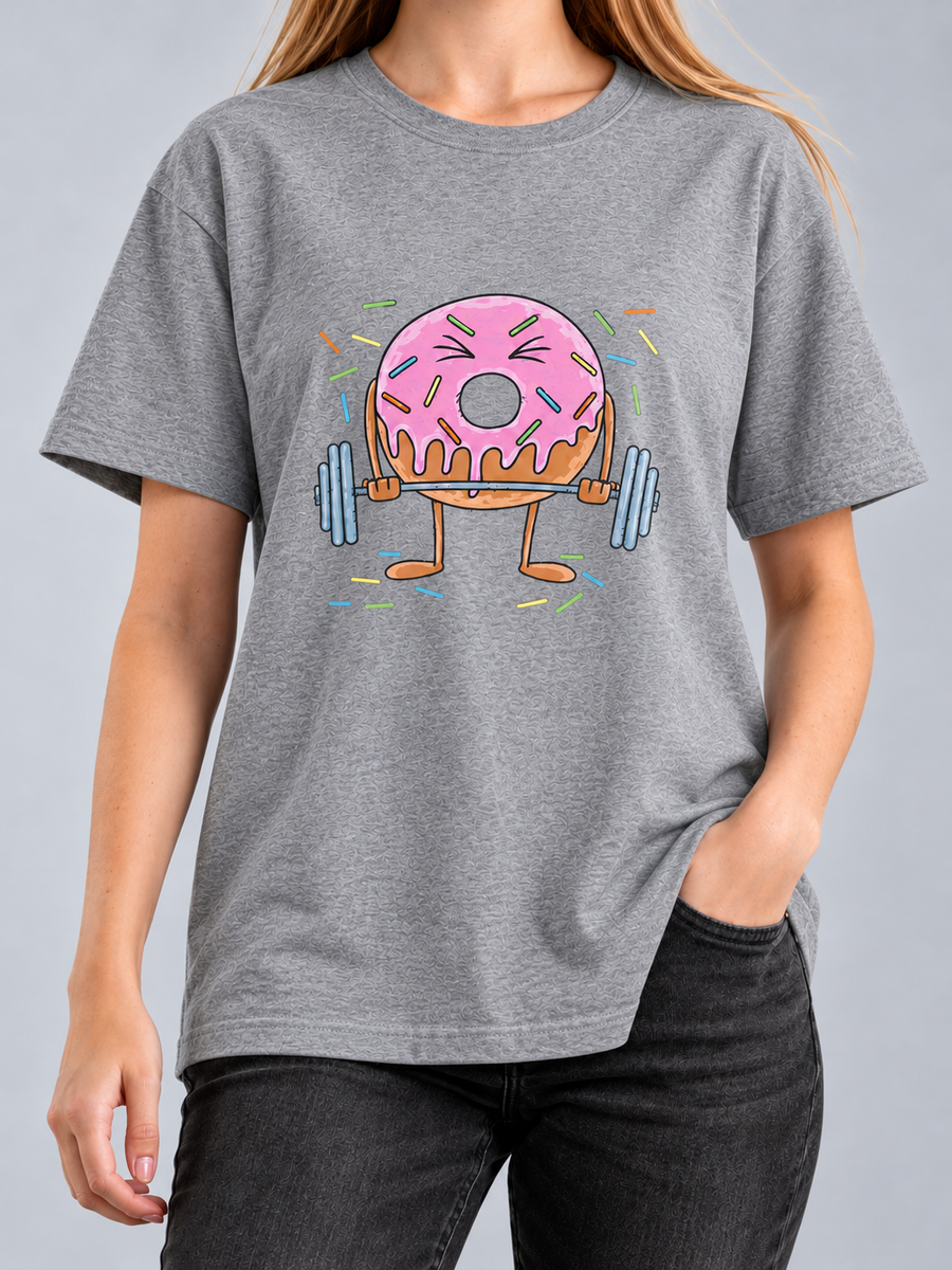 Cor: Cinza | Frente | Camiseta Donuts Fitness (Várias Cores) | Unissex, caimento solto, sem rosto