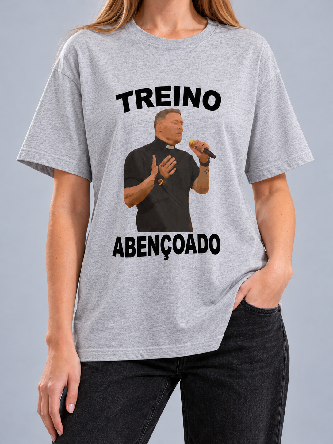Cor: Cinza | Frente | Camiseta Treino Abençoado (Várias Cores) | Unissex, caimento solto, sem rosto