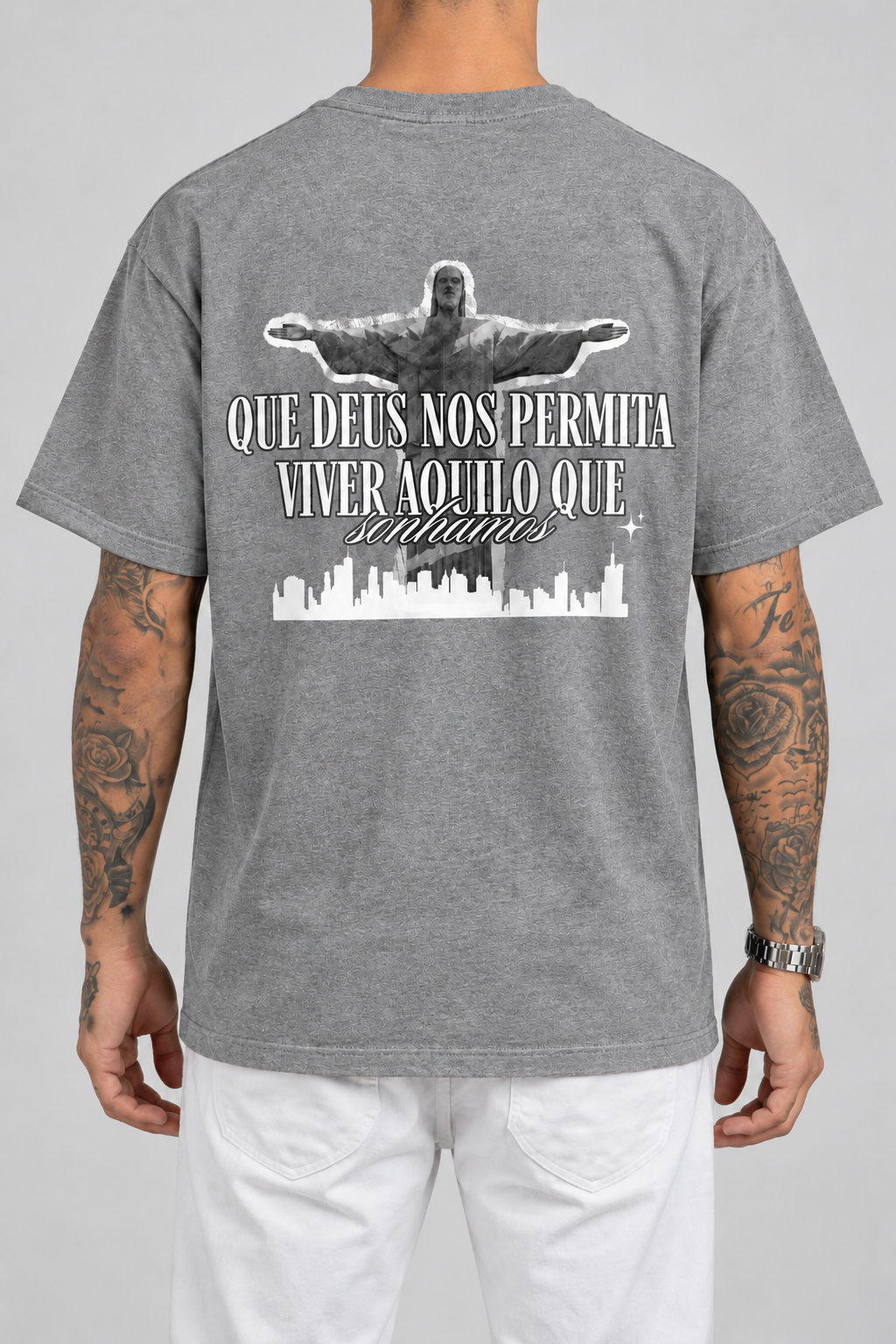 Cor: Cinza | Costas | Camiseta Que Deus Permita Viver Aquilo Que Sonhamos (Verso)