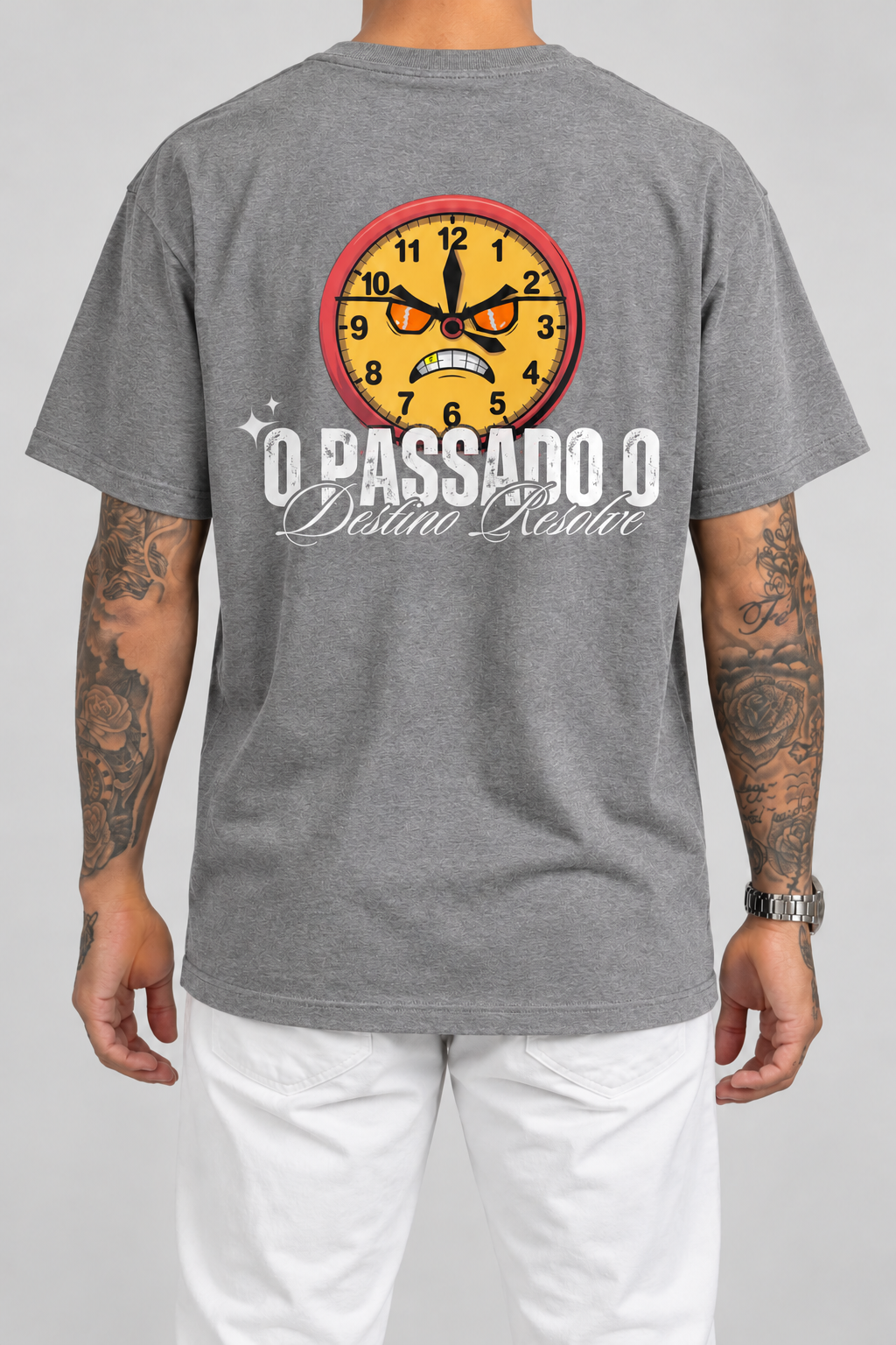 Cor: Cinza | Costas | Camiseta O Passado o Destino Resolve (Verso)